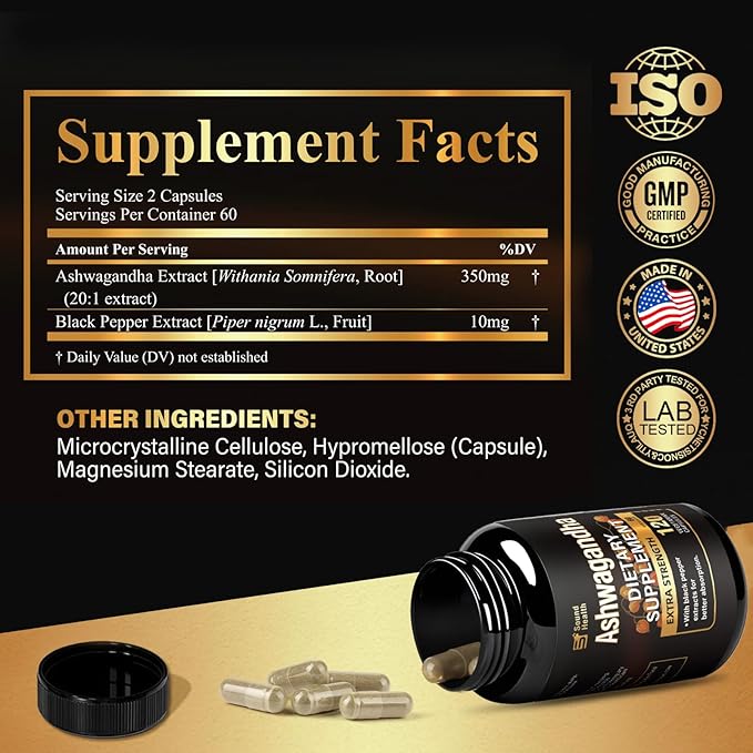 SoundHealth Organic Ashwagandha Capsules Supplement - 7000mg Herb Powder Equivalent per ，Immune Support, Hormone Balance - Enhanced Nutrient Absorption - 120 Capsules (60 Servings)