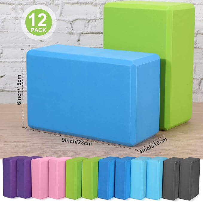 Wettarn 12 Pcs Yoga Blocks Bulk 9 x 6 x 4 Inch EVA Foam Supportive Yoga Brick Lightweight Soft Non Slip Gymnastic Blocks Yoga Pilates Accessories for Girls Women Beginners, Stretching and Meditation