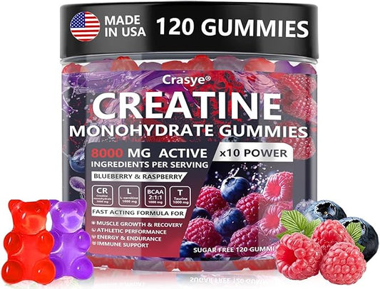 Creatine Gummies Complex 8000mg for Men and Women Creatine Monohydrate Gummy with BCAA Taurine for Muscle Strength and Energy Boost Sugar Free Pre-Workout Supplement - 120 Gummies