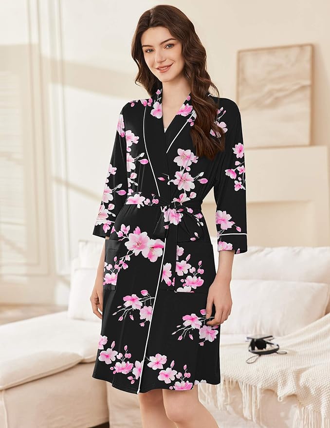 Ekouaer Women Robes Shawl Collar Bathrobe Short Kimono Robe Soft Knit Bathrobes Ladies Sleepwear with Pockets S-XXL
