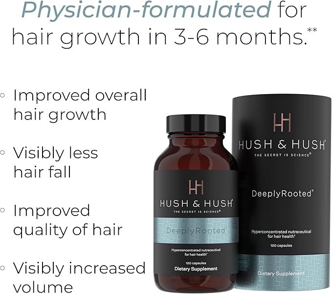 Hush & Hush DeeplyRooted Hair Supplement for Stronger, Healthier Hair - Collagen Hair Growth Pills for Men & Women - Biotin for Hair Loss - Hair Care for Thinning Hair & Hair Regrowth - 120 Capsules