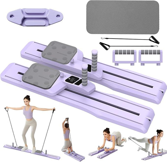 7-in-1 Mute Pilates Reformer Machine - Multifunctional Fitness Board with Resistance Bands, Push-Up Bar, Balance Board & Timer for Home Workouts, Core Training, Full Body Exercise