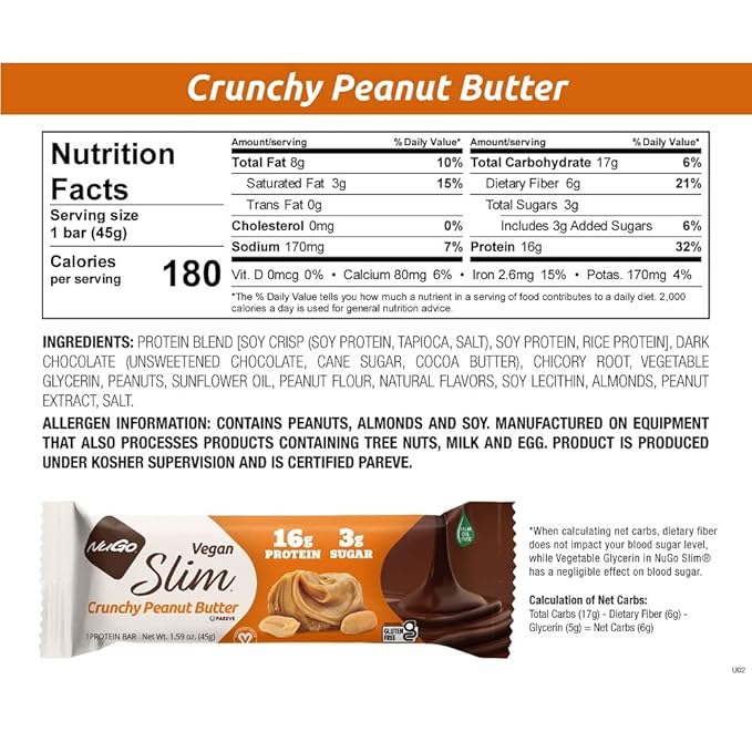 NuGo Slim Vegan Variety - Crunchy Peanut Butter 12 bars & Chocolate Mint 12 bars, Low Net Carb, Keto Friendly, 16-17g Plant Based Protein, Gluten Free, 24 count
