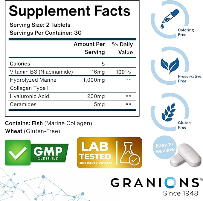 Hyaluronic Acid Supplements 200mg - Marine Collagen Peptides, Vitamin B3 Niacinamide, Ceramides Supplement - Deep Hydration & Anti-Aging Skin Care Complex for Women and Men - 60 Foil Sealed Tablets
