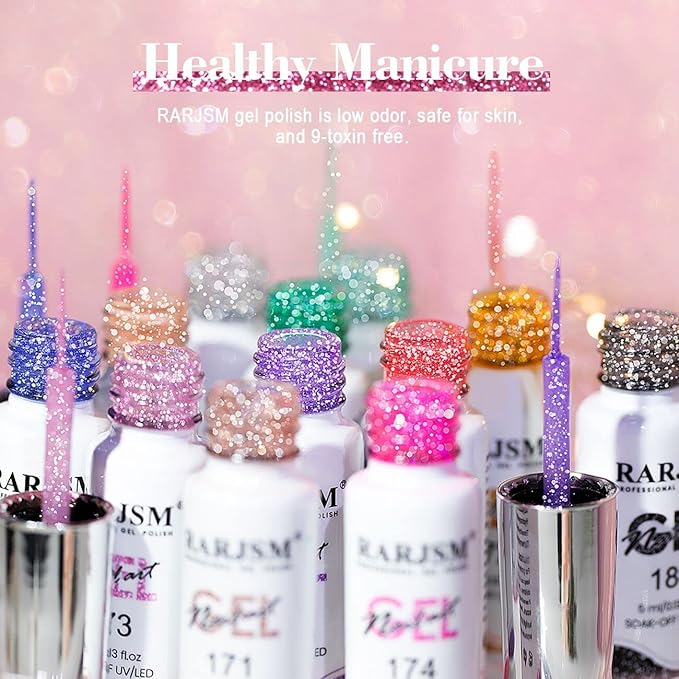 RARJSM Reflective Glitter Nail Art Gel Liner Flash Diamond Painted Gel Nail Polish 12 Colors 5ml Sparkle Silver Brown Hot Pink Green Black Pigment UV LED Soak off Curing Requires for Nail Design