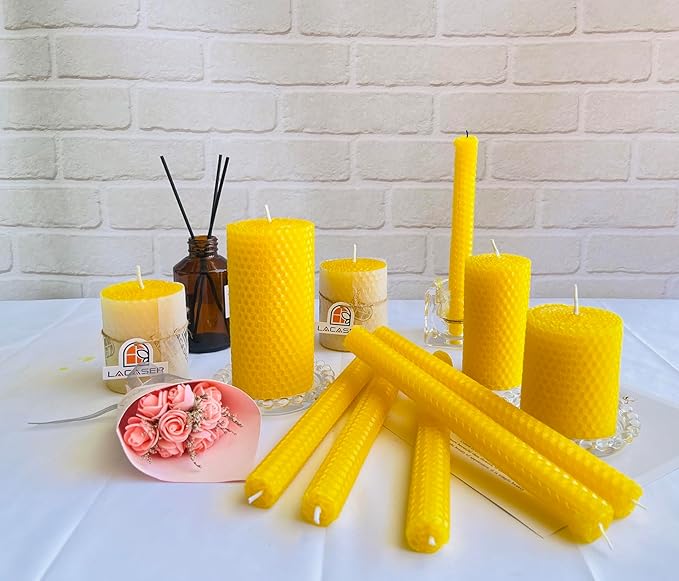 Lacaser Beeswax Pillar Candles Bulk Set of 4, Bees Wax Candles for Home, Size 2"X4", Unscented & Dripless & Smokeless,7 Hours Burn Time Each, Yellow