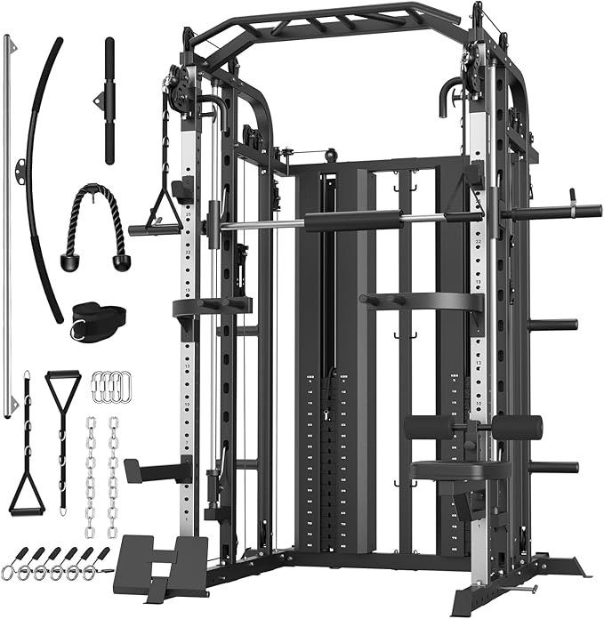 DONOW Smith Machine with Weight Stacks Home Gym Sytem Power Cage Squat Rack Dual Cable Crossover Machine All in One