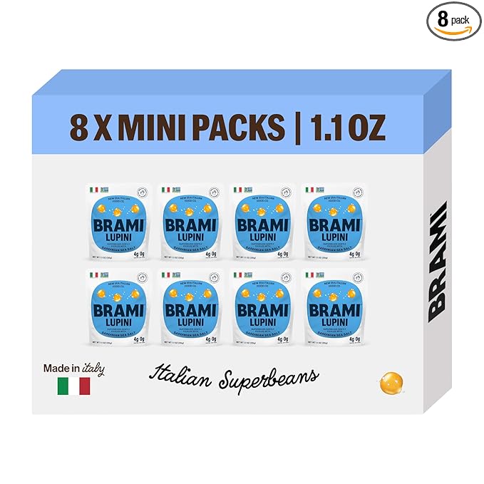 Brami Lupini Beans Snack, Sea Salt & Vinegar | 7g Plant Protein, 0g Net Carbs | Vegan, Vegetarian, Keto, Plant Based, Mediterranean Diet | 1.1 Ounce (Pack of 8)