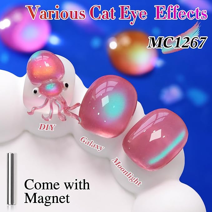 Double Rhythm Jelly Glass Cat Eye Gel Polish with Magnet 15ML Holographic Glitter Shimmer Translucent Sheer Color Magnetic Nail Polish Salon DIY at Home (Pink Teal-MC1267)