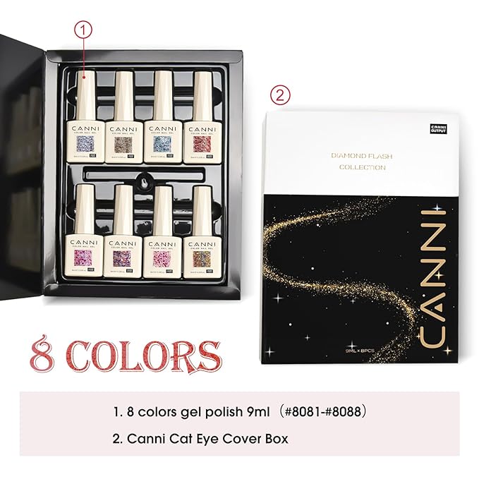 CANNI 8 Pcs 9 ML Glitter Sequins Gel Nail Polish Set, Shimmer Sparkly Shiny Pink Yellow Purple Blue Colors Polish Kit Soak Off Led Nail Art Gel Manicure Salon DIY Gifts
