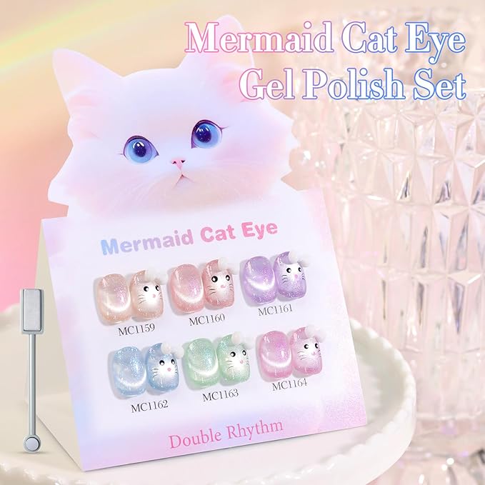 Double Rhythm 6 Colors Cat Eye Gel Polish Set Shimmer Glitter with Magnet Holographic Reflective Magnetic UV Nail Art Kit (6-Kit-48)