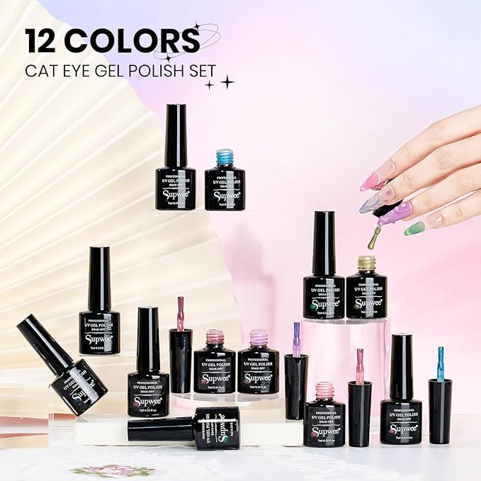 Aurora Magnetic Cat Eye Gel Nail Polish 12 Colors Mermaid Shimmer Glitter Cateye Gel Polish Spring Summer Colors Cat Eye Manicure Gift Soak Off Lamp Salon DIY at Home