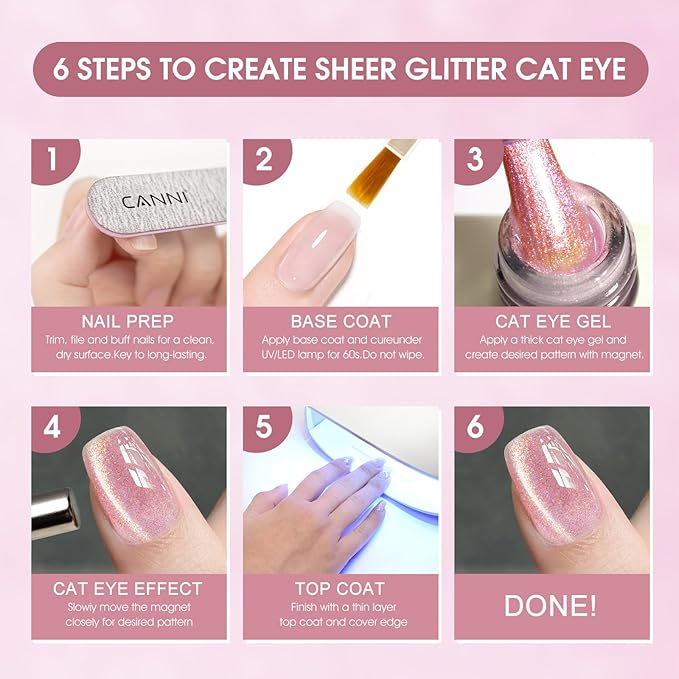 CANNI 8 Pcs 9 ML Cat Eye Gel Nail Polish Set, Jelly Pink Red Purple Blue Black Glitter Cat Eye Gel Polish Kit with Magnet Shimmer Colors Soak Off Manicure Salon DIY Gifts