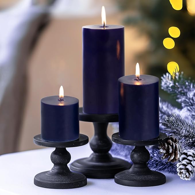KONNI Navy Blue Pillar Candles Set of 3, 3"x 3" Unscented Pillar Candles Bulk, 30 Hours Long Burning Candles, Smokeless&Dripless Large Round Candle for Wedding, Home Decoration, Parties, Spas, Dinner