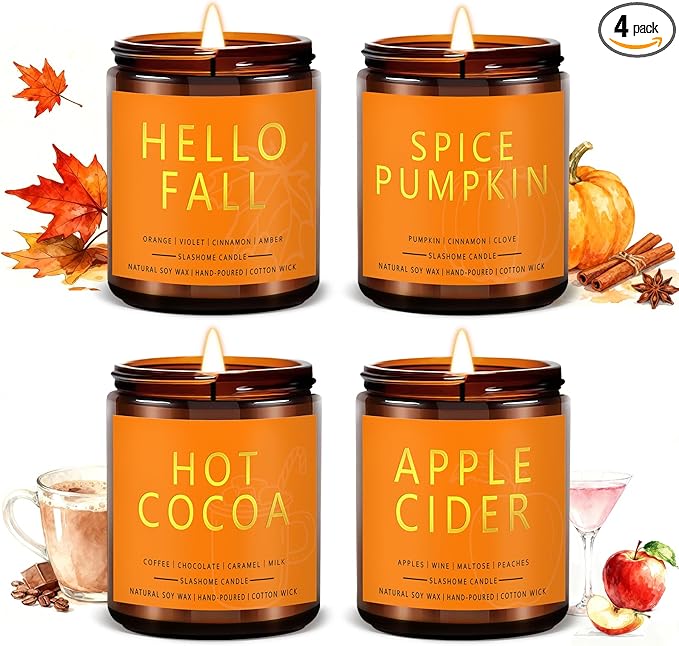 Fall Candles Set | 4 Pack Candles for Home Scented Natural Soy Wax, Autumn Gifts Set for Women Men, Fall Fragrance of Hellofall, Spice Pumpkin, Apple Cider, Hot Cocoa