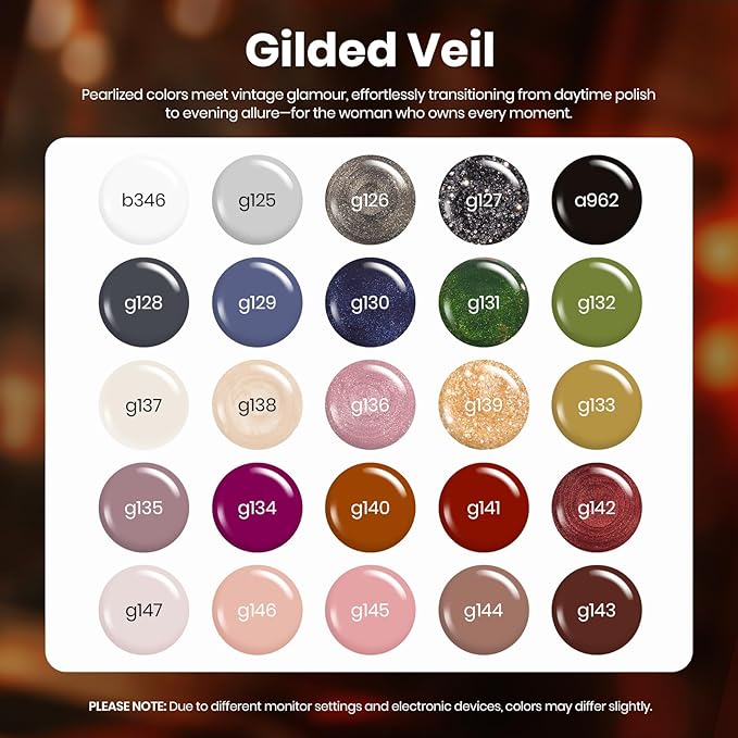 beetles Gel Polish Set - Winter Gel Nail Polish Kit Gilded Veil 25 Colors Black White Burgundy Blue Nude Grey Green Glitters UV Led Nail Polish with Top Base Coat Soak off Nail Art Gift for Women