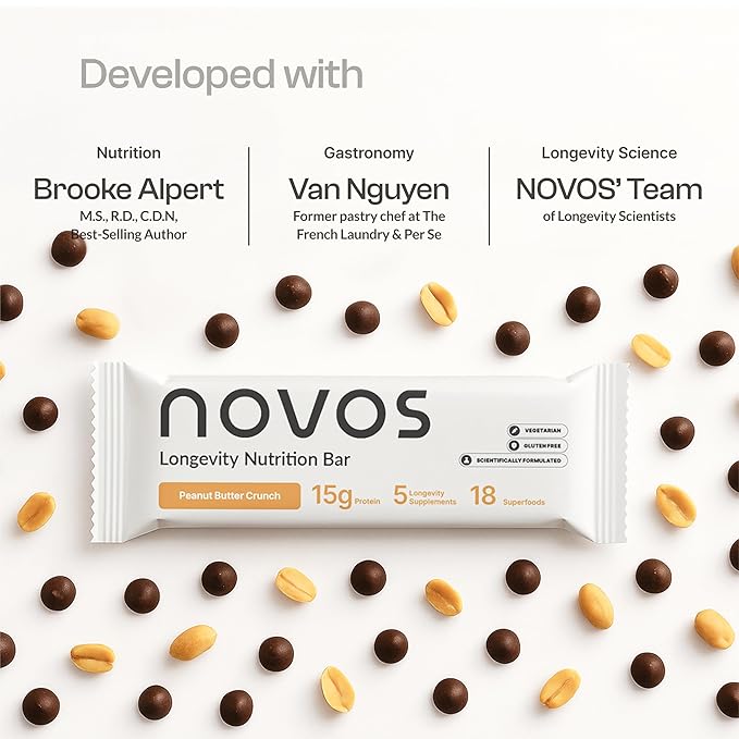 Novos Longevity Protein Bar - Peanut Butter - 15g Protein, 5 Longevity supplements, 20 Superfoods, Organic Olive Oil, Seed Oil Free, Targets Causes of Aging, Skin, Mind and Mood Support, 12-Pack
