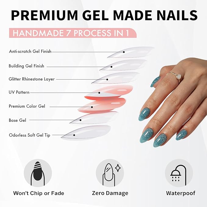 Glitter Peacock Blue Press on Nails Almond Short with Sparkling Diamond - Soft Gel Fake Nails for Women Gift, Glossy Stick On Nails with Glue in 16 Sizes - 32 Reusable Nails, Peacock Blue