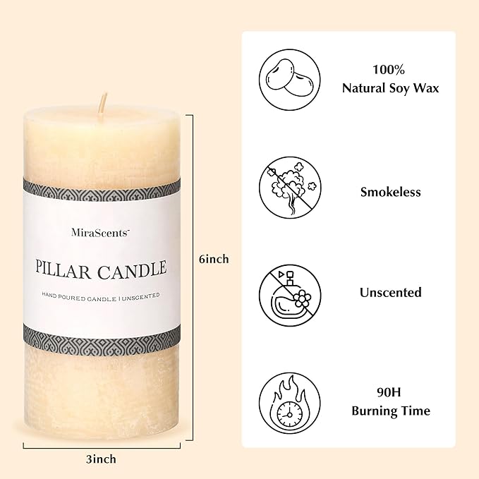 3x6 Inch Ivory Pillar Candles Set of 3 - Hand-Poured Unscented Candles, Long Clean Burning, Large Big Candles, Smokeless Dripless Candles for Dinner Table, Wedding, Home, Bathroom, Rustic Decor