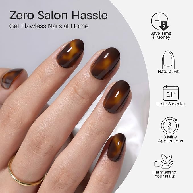 Tortoise Shell Press on Nails Short - Soft Gel Oval Press on Nails for Women, Seamless Fit & Glossy Glue on Nails 16 Sizes - 32 Reusable Fake Nails Kit with Glue, Amber Memory