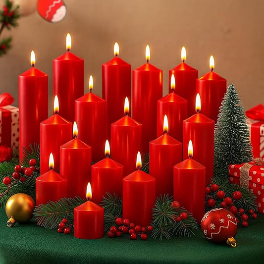 MTLEE 18 Pcs Set of 3 Pillar Candles Bulk 2 in x 3, 6, 8 Long Burning Clean Unscented Smokeless Pillar Candles for Wedding Emergency Lanterns Ceremony Party(Red)