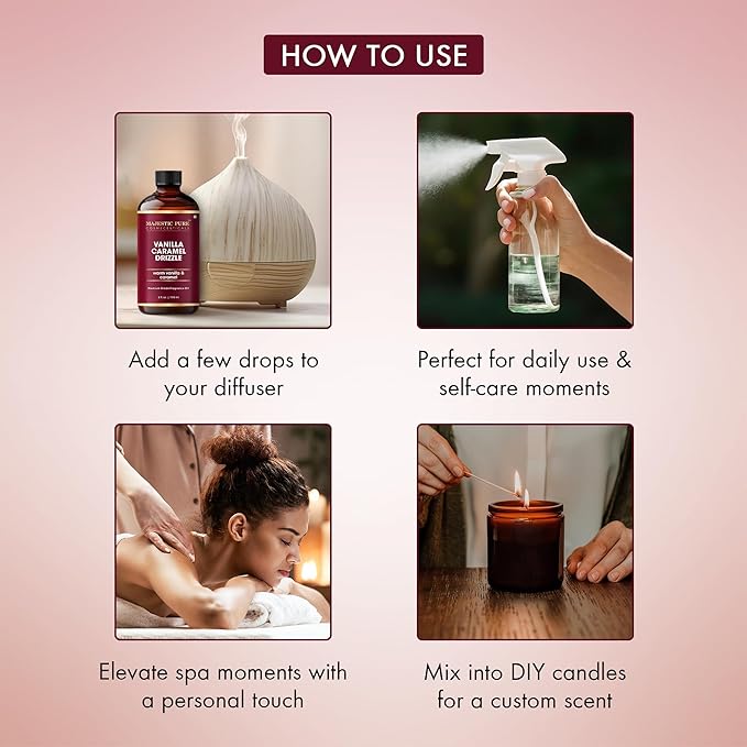 MAJESTIC PURE Vanilla Caramel Drizzle Premium Oil | Vanilla & Caramel Flavour | Premium Grade Fragrance Oil Used in Diffusers, DIY, Self Care | 4 Fl Oz