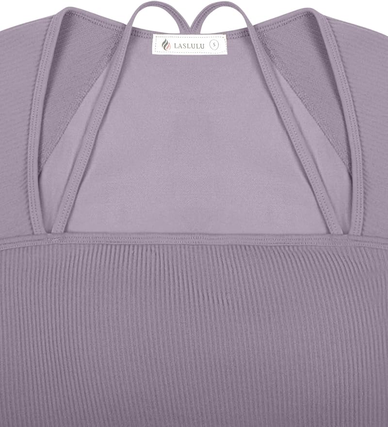 LASLULU Womens Sexy Square Neck Crop Top Ribbed Seamless Long Sleeve Workout Tops Halter Neck Athletic Yoga