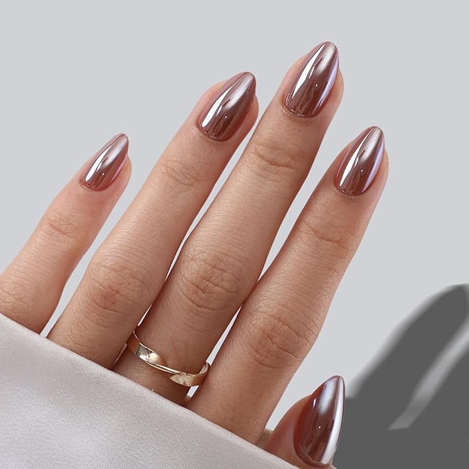 Brown Press on Nails Short - Soft Gel Almond Chrome Press on Nails for Women, Glossy Glue on Nails with Glue, 16 Sizes - 32 Reusable Fake Nails Kit, Molten Mocha