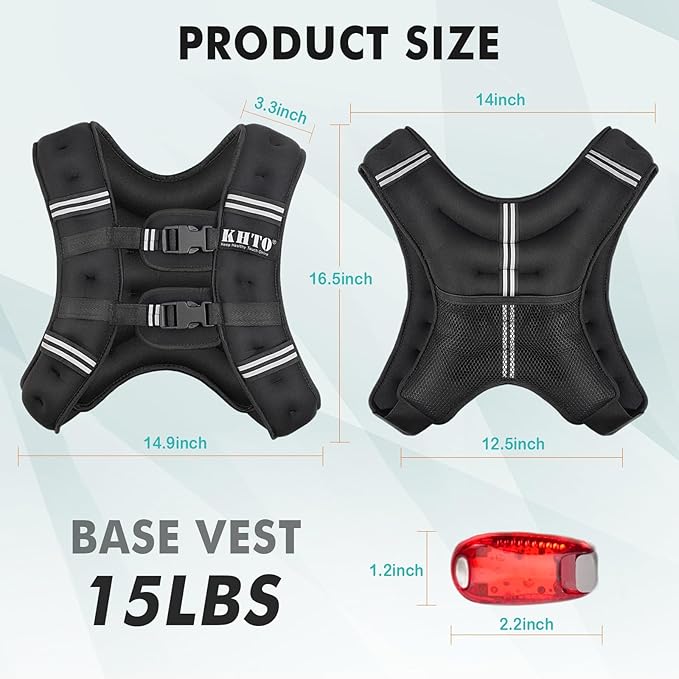 KHTO Weighted Vest Woman Men-5lbs/10lbs/15lbs/20lbs/25lbs/30lbs Weight Vest with Warning Light Reflective Strip for Workout, Strength Training, Running