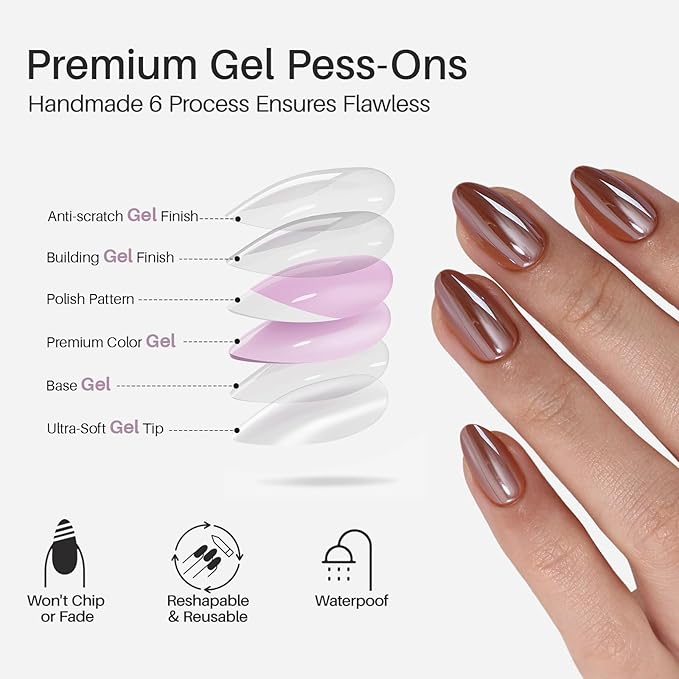 Brown Press on Nails Short - Soft Gel Almond Chrome Press on Nails for Women, Glossy Glue on Nails with Glue, 16 Sizes - 32 Reusable Fake Nails Kit, Molten Mocha