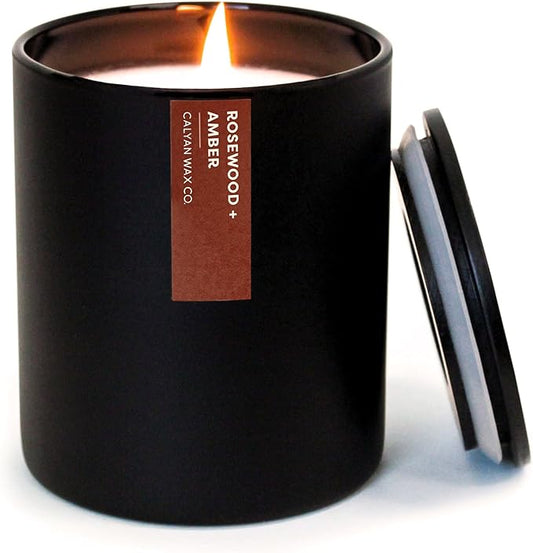 Calyan Wax Co. Soy Wax Candle, Rosewood + Amber Scented Candle, 75 Hour Burn Time, Aromatherapy Soy Candles, Non Toxic & Vegan Soy Wax, Black Tumbler Scented Candles, 13oz