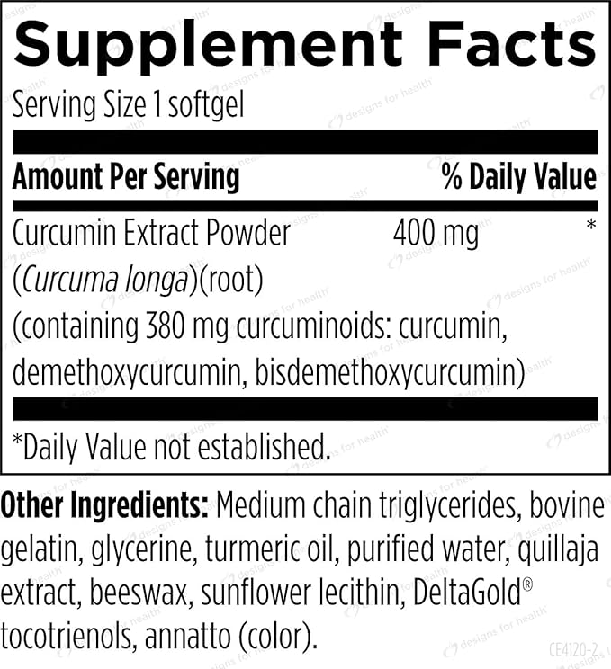 Designs for Health Curcum-Evail 400 - Bioavailable Turmeric Curcumin Supplements - Evail Emulsification Technology - Curcumin C3 Complex with Turmeric Oil + Vitamin E, Non-GMO (120 Softgels)