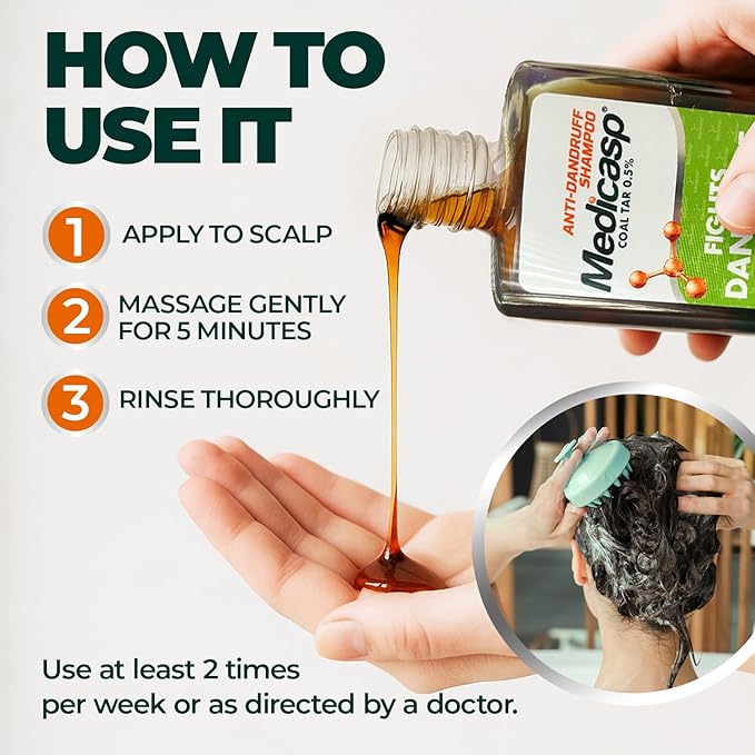 Medicasp Anti-Dandruff Shampoo and Massager Kit – Coal Tar for Dandruff, Psoriasis, and Seborrheic Dermatitis, Scalp Massager Brush for Exfoliation and Care, 6 fl oz