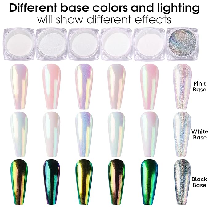 AIMEILI Pearl Chrome Nail Powder 6 Boxes Nail Art Manicure Powder Set, 1×0.5g Holographic Powder, 5×0.5g Chrome Nail Powder