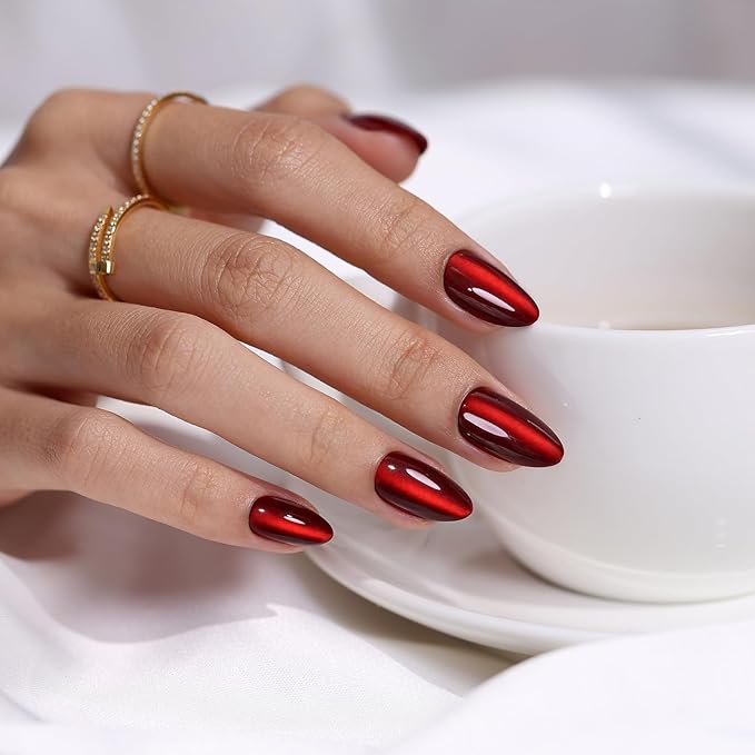 Dark Red Cat Eye Press on Nails Almond - Soft Gel Short Press on Nails for Women Gift, Glossy Glue on Nails in 16 Sizes - 32 Reusable Fake Nails with Glue, Wine