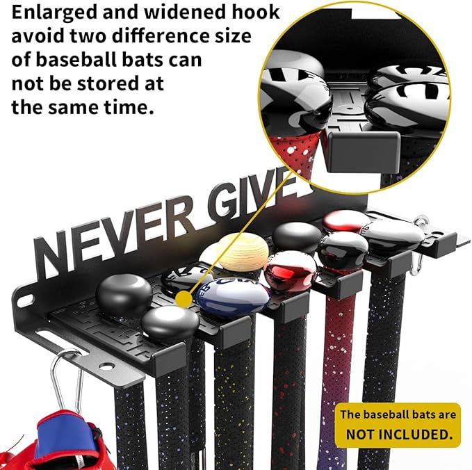 veimia Baseball Bat Holder Wall Mount, Baseball Bat Storage Rack, Holds 10 Bats on Wooden or Concrete Wall, Metal Bat Hanger with Fully Wrapped Rubber Mat, Hardware Included.