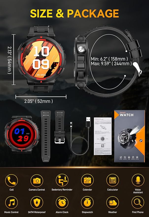 Military Smart Watch for Men with LED Flashlight Tactical Smart Watch 1.53”HD Screen Rugged Smartwatch 3ATM Waterproof 100+ Sports Fitness Tracker with Heart Rate Monitor for iOS Android