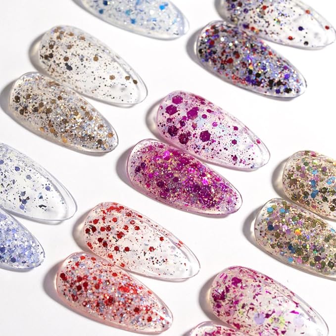 CANNI 8 Pcs 9 ML Glitter Sequins Gel Nail Polish Set, Shimmer Sparkly Shiny Pink Yellow Purple Blue Colors Polish Kit Soak Off Led Nail Art Gel Manicure Salon DIY Gifts