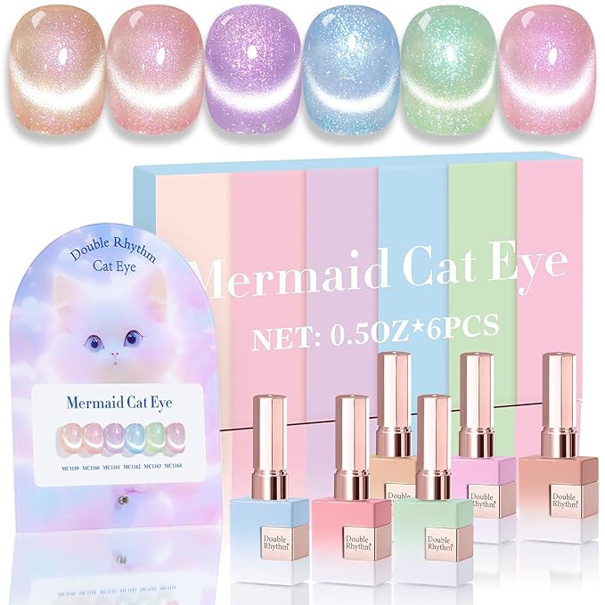 Double Rhythm Cat Eye Gel Nail Polish Set of 6 Same Color Same Bottle 0.5 Oz Shimmer Glitter with Magnet Holographic Reflective Magnetic UV Nail Polish Kit at Home (Nude Pink Green Purple-T6-29)