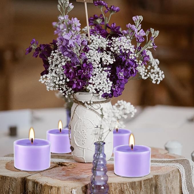 50 Pack Bulk Lavender Scented Tealight Candles in Clear Cup, Purple Wax Votive Candle for Birthdays Weddings Churches Anniversaries & More（8 Hour）