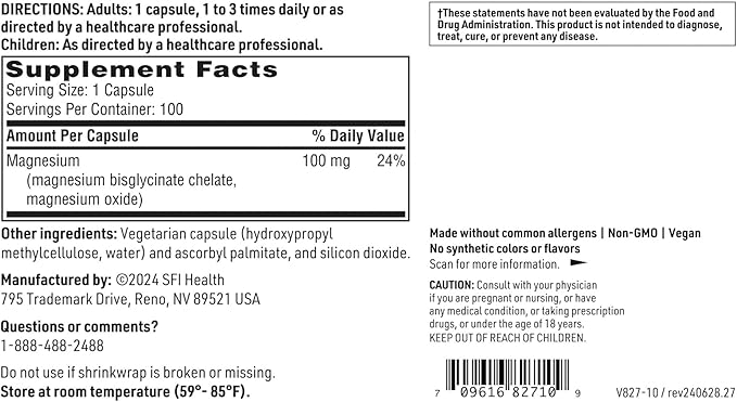 Klaire Labs SFI Health Magnesium Glycinate Complex - Chelated Magnesium Blend for Optimal Absorption - Supports Healthy Bones, Muscles & Energy Levels - Gentle on Digestion (100 Capsules, 2 Pack)