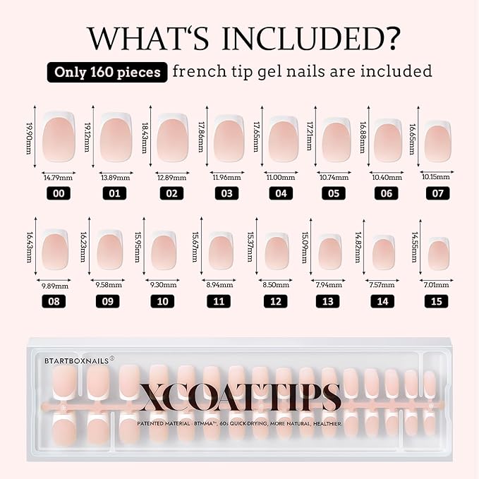 BTArtboxnails XCOATTIPS French Tip Nails - Short Press On Nails, 160 Pcs Nude Square Soft Gel Nail Tips Pre-applied Tip Primer & Base Coat, No Need File False Nails for Home DIY, 16 Sizes