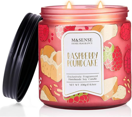 M&SENSE Raspberry Pound Cake Scented Candle 11.6oz, Natural Soy Wax Double Wick, 70H Burn Time for Bedroom Relaxing, Holiday Home Decor, Gift-Ready for Women