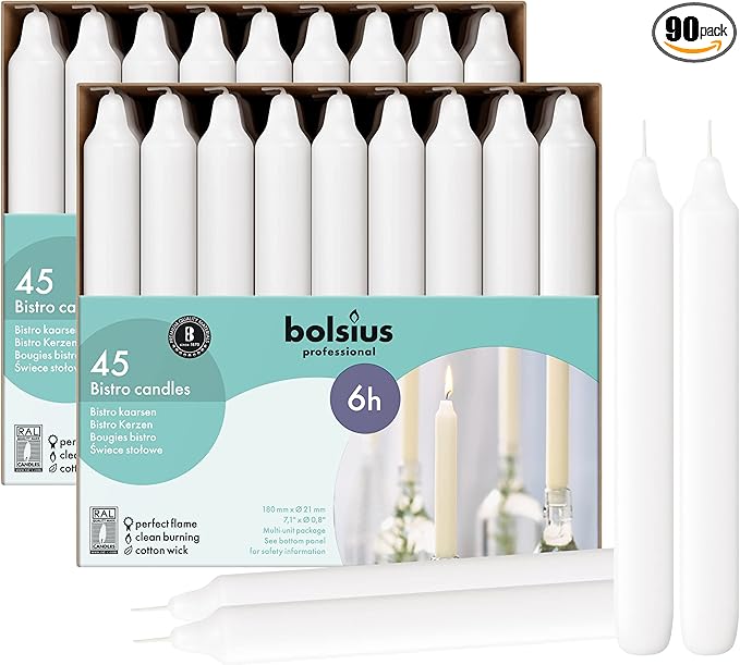 BOLSIUS White Candlesticks - 2 Packs = Total 90 Candles - 6+ Hours - Premium European Quality - Consistent Smokeless Flame - Unscented Dripless Dinner Candles
