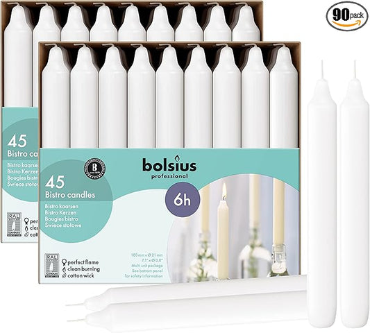 BOLSIUS White Candlesticks - 2 Packs = Total 90 Candles - 6+ Hours - Premium European Quality - Consistent Smokeless Flame - Unscented Dripless Dinner Candles