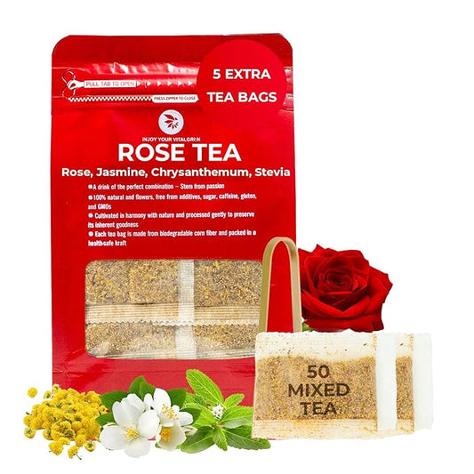 Rose Tea, Re-Steep Chrysanthemum, Jasmine & Stevia Herbal Tea - 55 Count (+5 Tea Bags) Bamboo Tong Included - 4.37 oz, Relax,Support, Up Mood, Appearance Detox