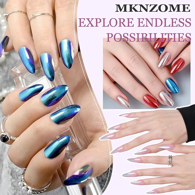 Chrome Nail Powder, 12 Colors Metallic Mirror Powder Gold Silver Blue Purple Red Pink Brown Nail Art Decoration Glitter for DIY Nail Supplies, 1g/Jar, 12 Sponge Sticks