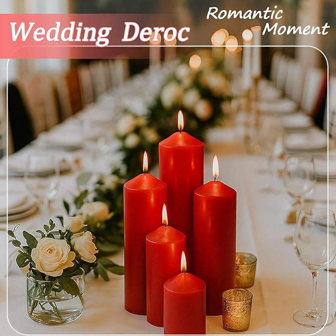 18 Pcs Red Pillar Candles Bulk Set，Hurricane Candles，3 Different Lengths (6 Each)，Dripless Unscented Smokeless，Gives You a Better Atmosphere When Organizing Wedding or Event Party.