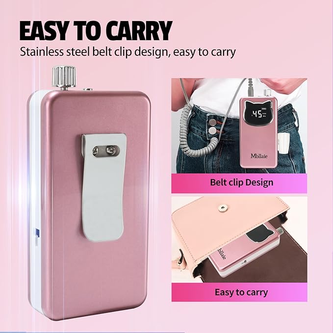 Professional Nail Drill File 45000RPM Electric Portable Nails Drills Kit with Rechargeable 7 uñas Bits Cordless Efile for Poly Gel Acrylic Nails Remover Home Salon Pedicure Manicure Tool (Rose Pink)