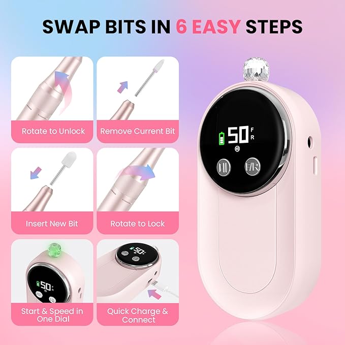 Nail Drill Professional, 50000RPM Rechargeable Cordless Electric Nail Kit with Bits & Anti-Slip Pad, Portable for Acrylic/Gel Removal & Faster Shaping, Manicure & Pedicure at Home or Salon